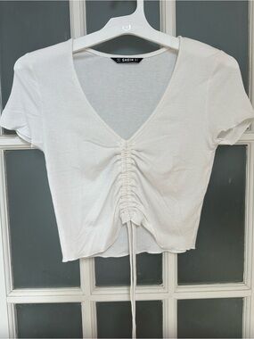SHEIN White Ribbed Drawstring V-Neck Crop Top